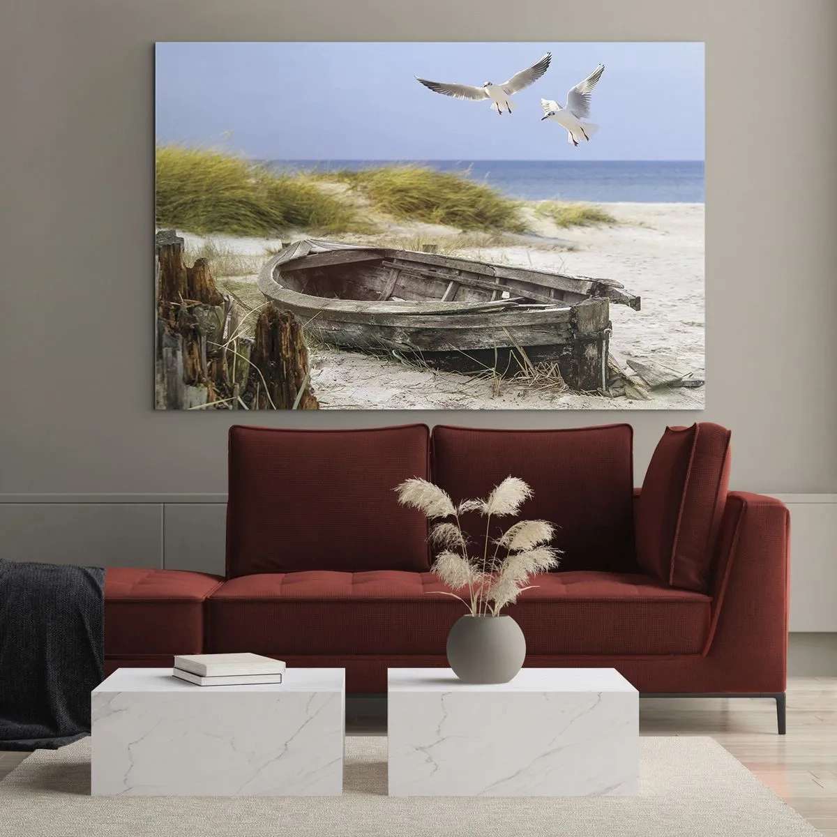 Glastavla - Bild på glas - Träbåt på stranden med måsar i flykt - 70x50cm - Doppade i vinden - Modern väggdekoration för vardagsrum och sovrum ARTTOR