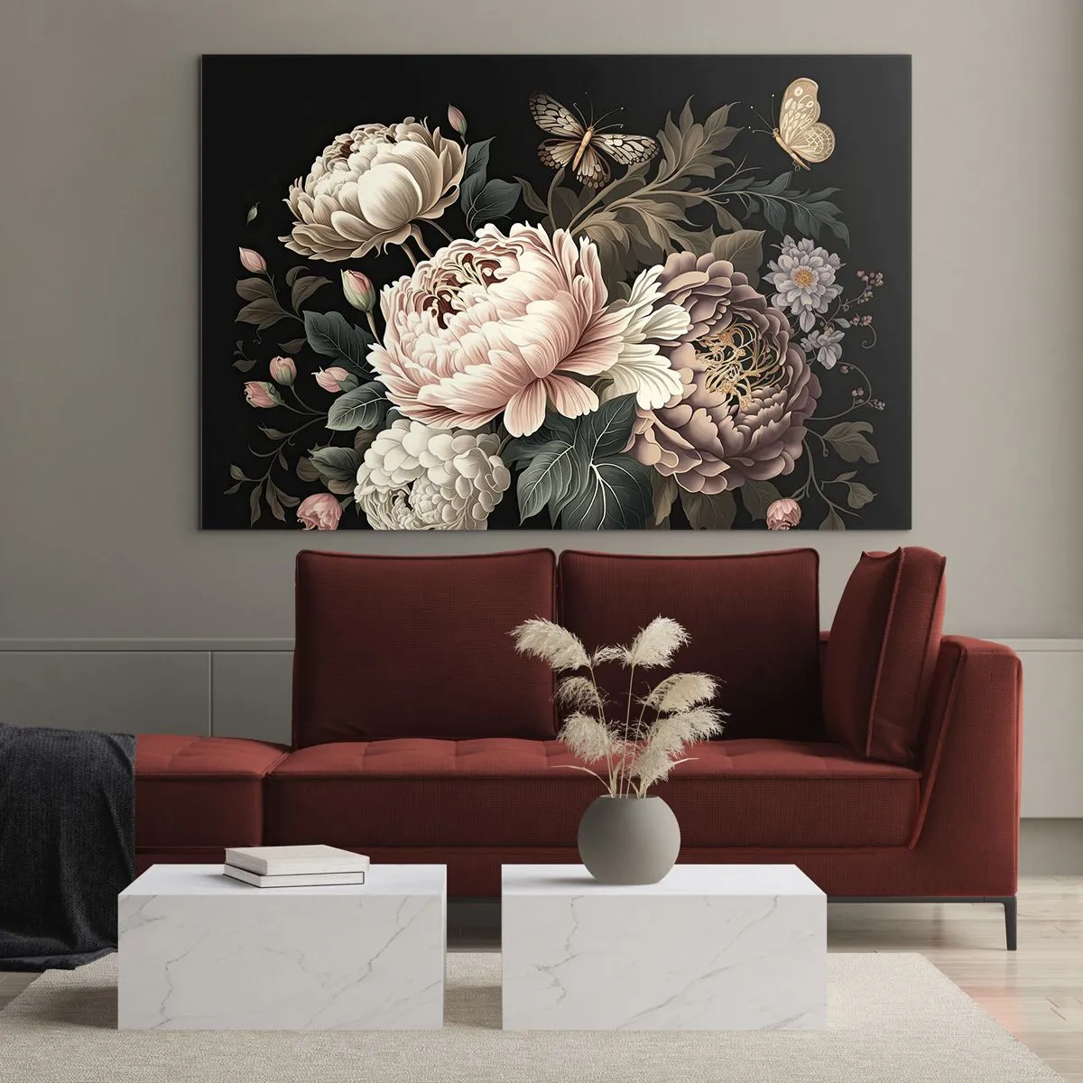 Glastavla - Bild på glas - Blommig komposition med fjärilar på svart bakgrund - 70x50cm - I barockstil - Modern väggdekoration för vardagsrum och sovrum ARTTOR