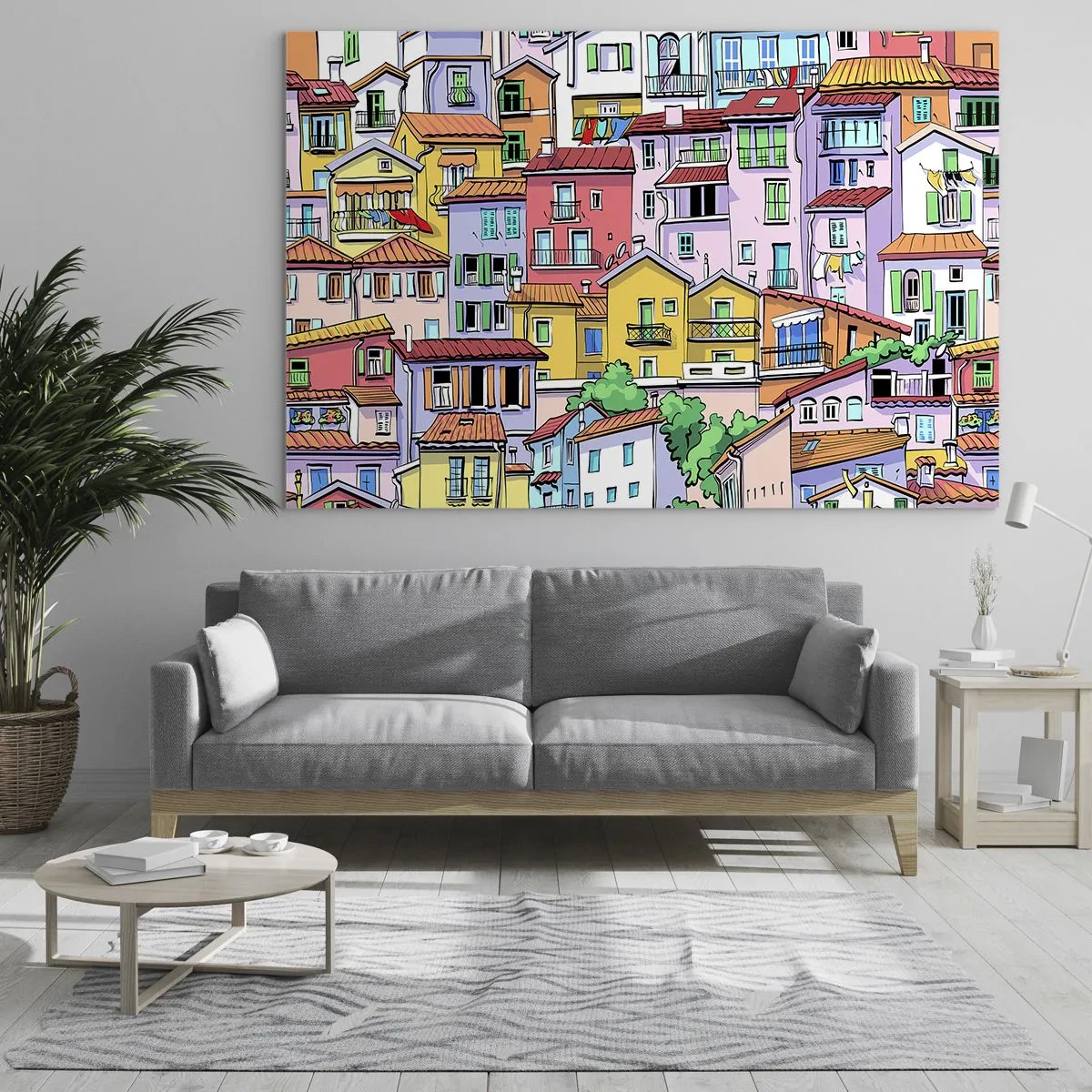 Glastavla - Bild på glas - Färgglada hyreshus i tecknad stil, fulla av detaljer - 70x50cm - Gladlynt stad - Modern väggdekoration för vardagsrum och sovrum ARTTOR