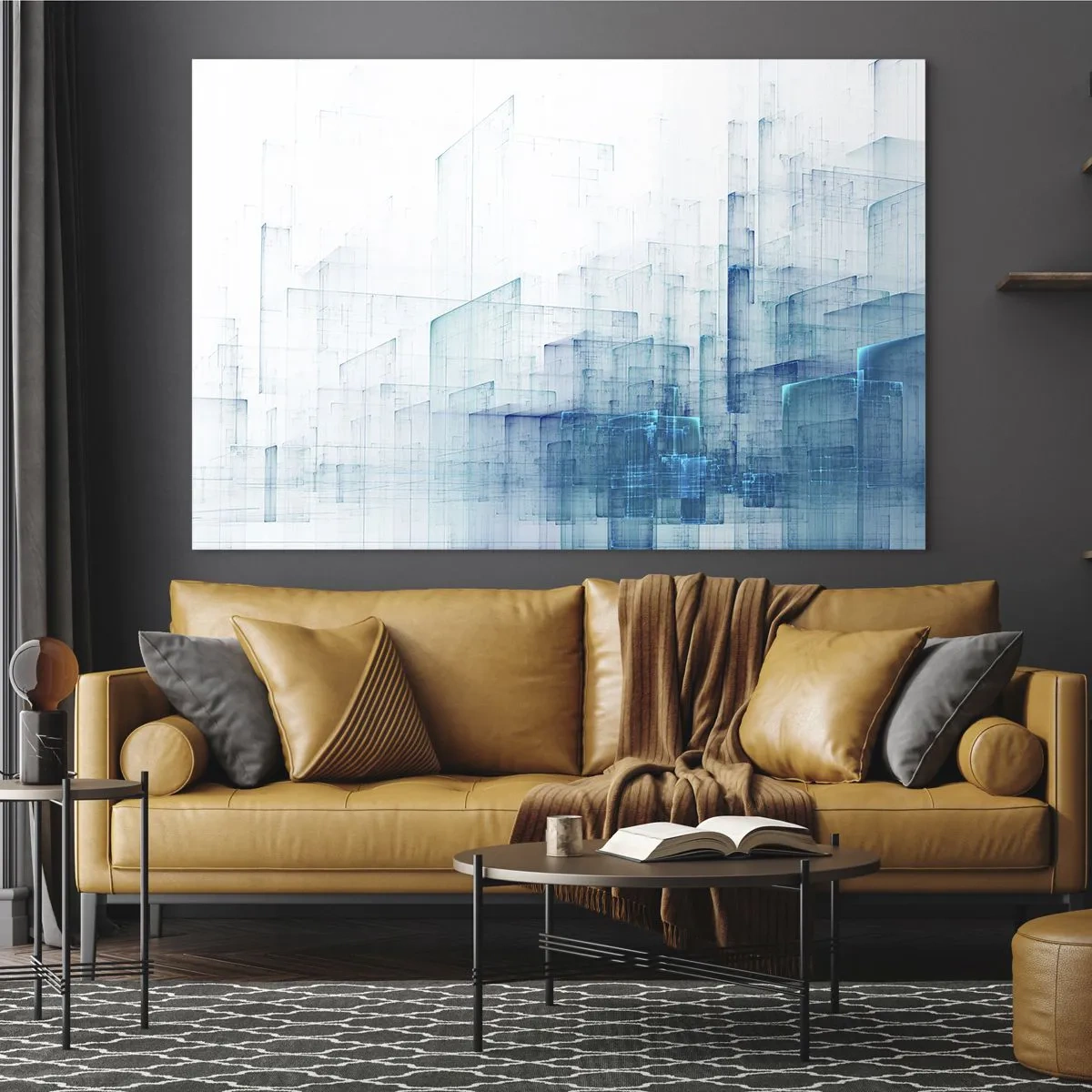 Glastavla - Bild på glas - Abstrakt geometrisk komposition i nyanser av blått - 70x50cm - Hur utrymmet blev till - Modern väggdekoration för vardagsrum och sovrum ARTTOR