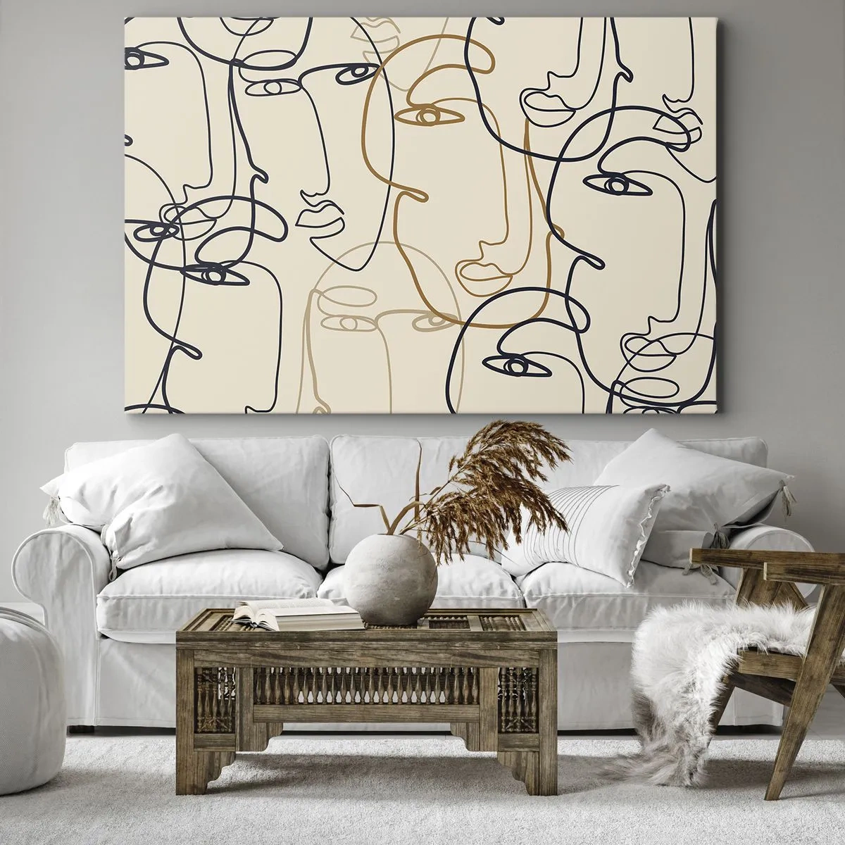Canvastavla - Bild på duk - Minimalistiska linjekonst ansikten mot en ljus bakgrund - 70x50cm - Mångfaldigad porträtt - Modern väggdekoration för vardagsrum och sovrum ARTTOR