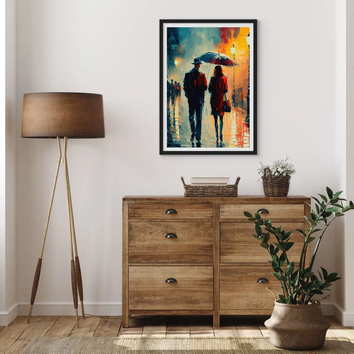 Affisch i svart ram - Romantiskt par under ett paraply i regnet - 50x70cm - Kärlekshistoria på stan - Modern väggdekoration för vardagsrum och sovrum ARTTOR