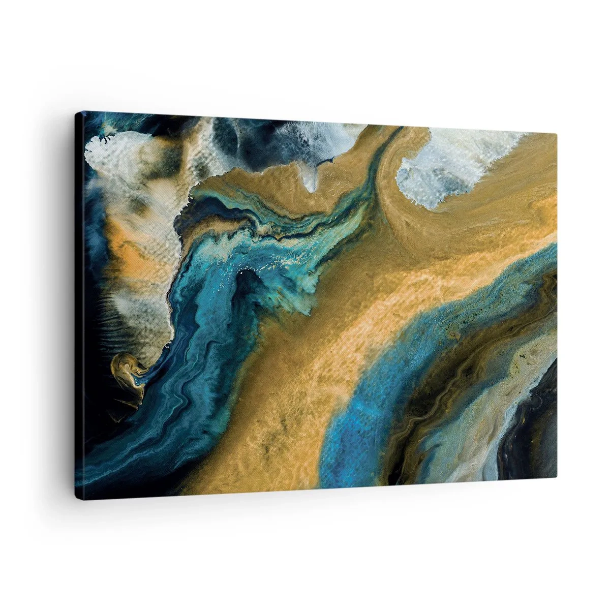 Canvastavla - Bild på duk - Abstrakta vågor i nyanser av guld och blått - 70x50cm - Blå – gul – ömsesidiga influenser - Modern väggdekoration för vardagsrum och sovrum ARTTOR