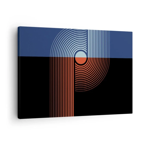 Canvastavla - Bild på duk - Geometrisk abstraktion med linjer i marinblått och orange. - 70x50cm - I en geometrisk kläm - Modern väggdekoration för vardagsrum och sovrum ARTTOR