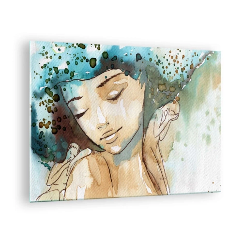 Glastavla - Bild på glas - Akvarellporträtt av en kvinna med slutna ögon - 70x50cm - Lady in blue - Modern väggdekoration för vardagsrum och sovrum ARTTOR