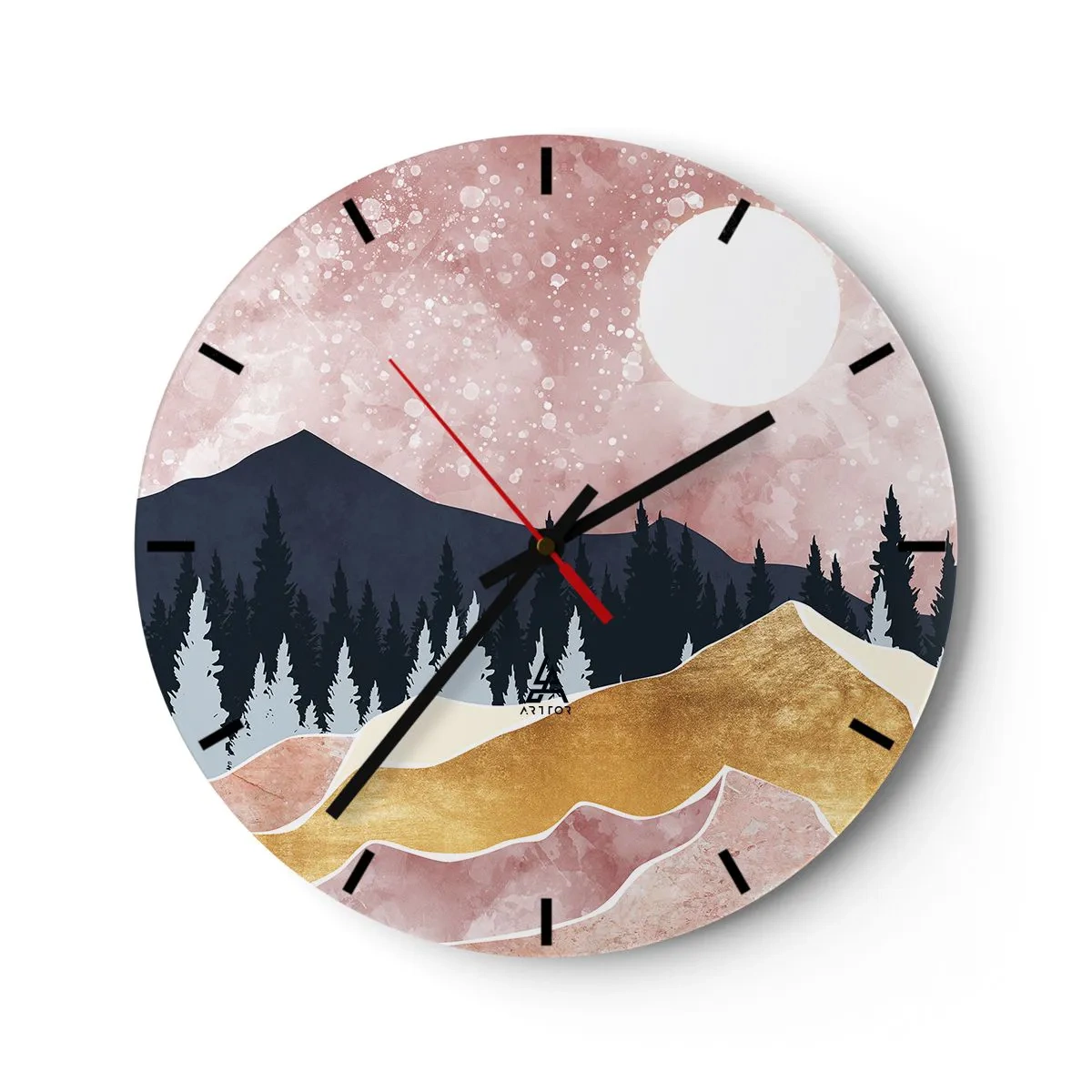 Väggklocka - Klocka på glas - Konstnärligt bergslandskap i pastellfärger med en skog och månen. - 30x30cm - Nattvakt - Modern väggdekoration för vardagsrum, kök och sovrum ARTTOR