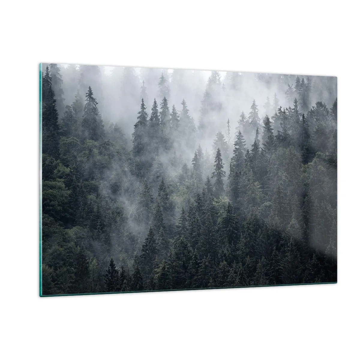 Glastavla - Bild på glas - Gryning i skogen - 120x80 cm