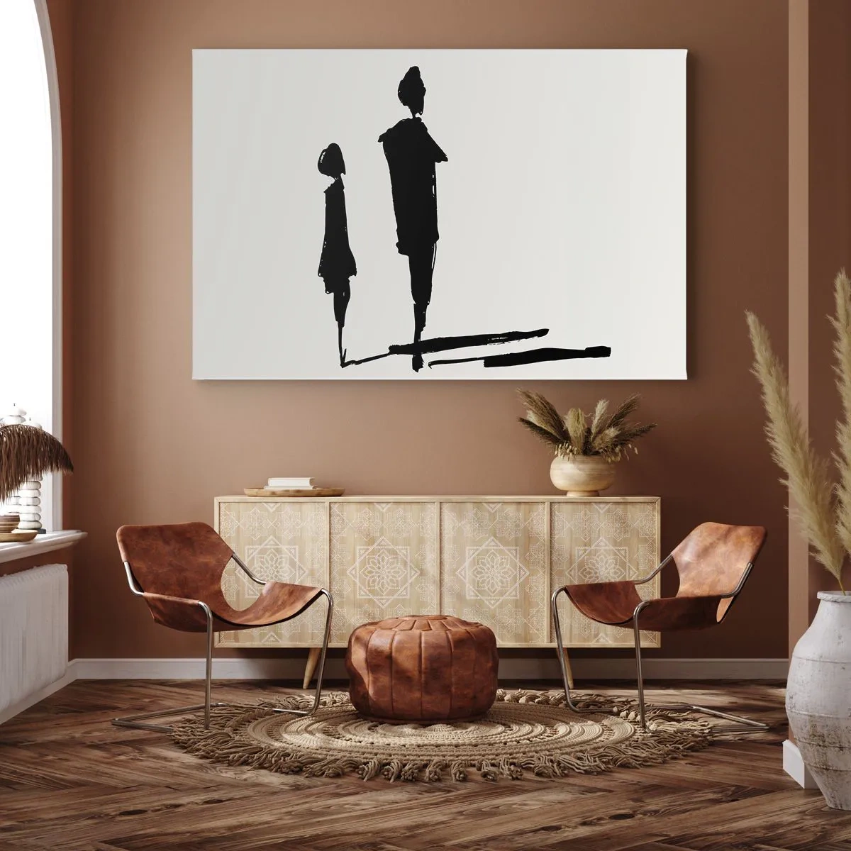 Canvastavla - Bild på duk - Silhuetter av två personer i svart mot en ljus bakgrund - 70x50cm - Säkert tillsammans? - Modern väggdekoration för vardagsrum och sovrum ARTTOR