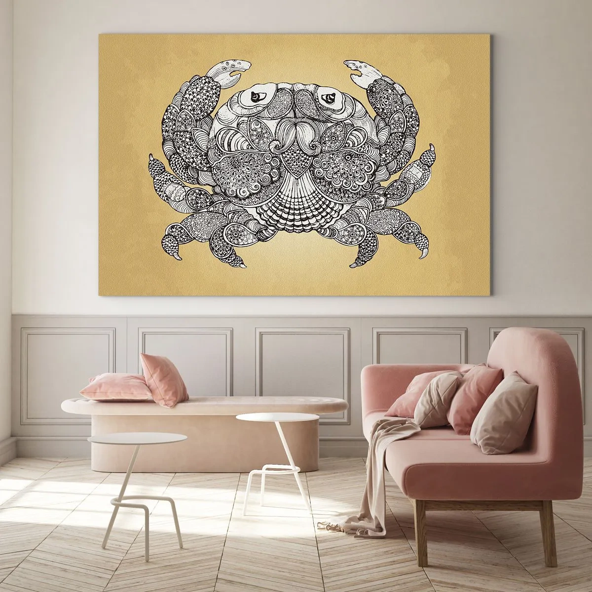 Glastavla - Bild på glas - Stiliserad teckning av en krabba med ornament på gul bakgrund - 70x50cm - Herr Krabba berättar - Modern väggdekoration för vardagsrum och sovrum ARTTOR