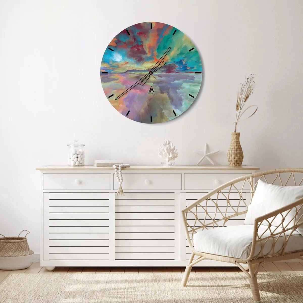 Väggklocka - Klocka på glas - En färgglad himmel full av abstrakta moln ovanför en lugn horisont - 30x30cm - Två himlar - Modern väggdekoration för vardagsrum, kök och sovrum ARTTOR