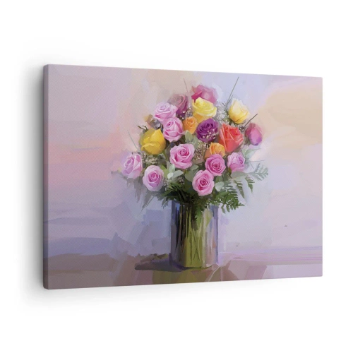 Canvastavla - Bild på duk - En bukett färgglada rosor i en glasvas - 70x50cm - Stoppad skönhet - Modern väggdekoration för vardagsrum och sovrum ARTTOR