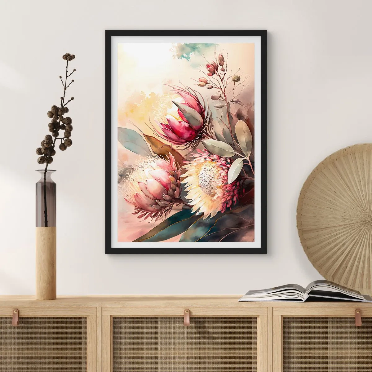 Affisch i svart ram - En bukett proteablommor i delikata färger - 50x70cm - Från profil och en face - Modern väggdekoration för vardagsrum och sovrum ARTTOR