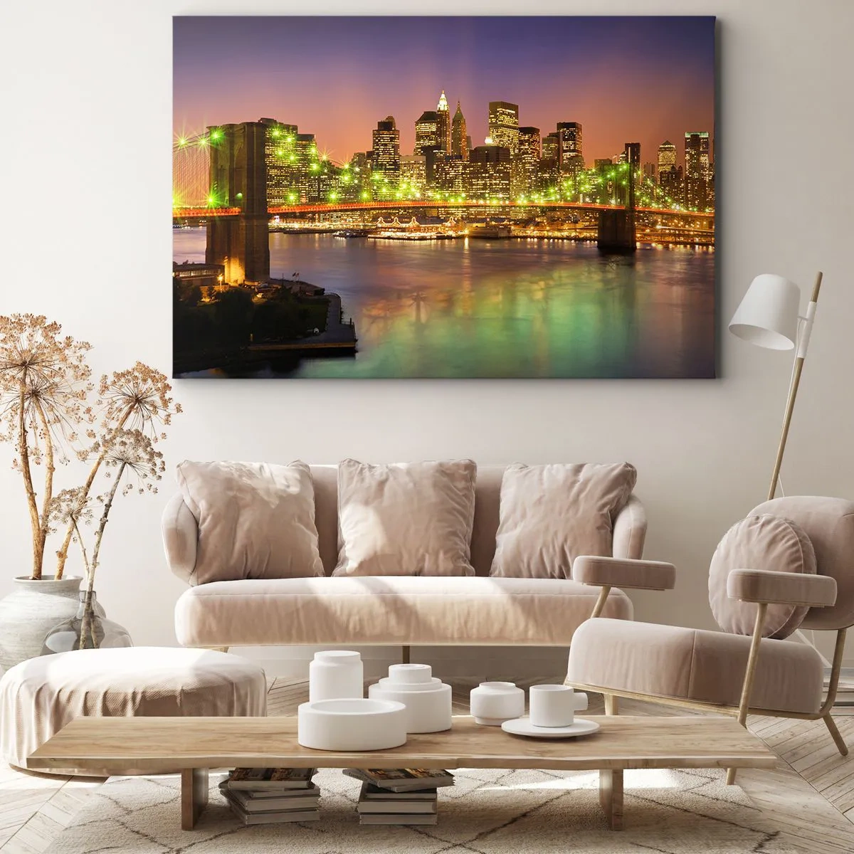 Canvastavla - Bild på duk - Upplyst bro i en modern stad på natten - 70x50cm - Ljuset slocknar aldrig här - Modern väggdekoration för vardagsrum och sovrum ARTTOR
