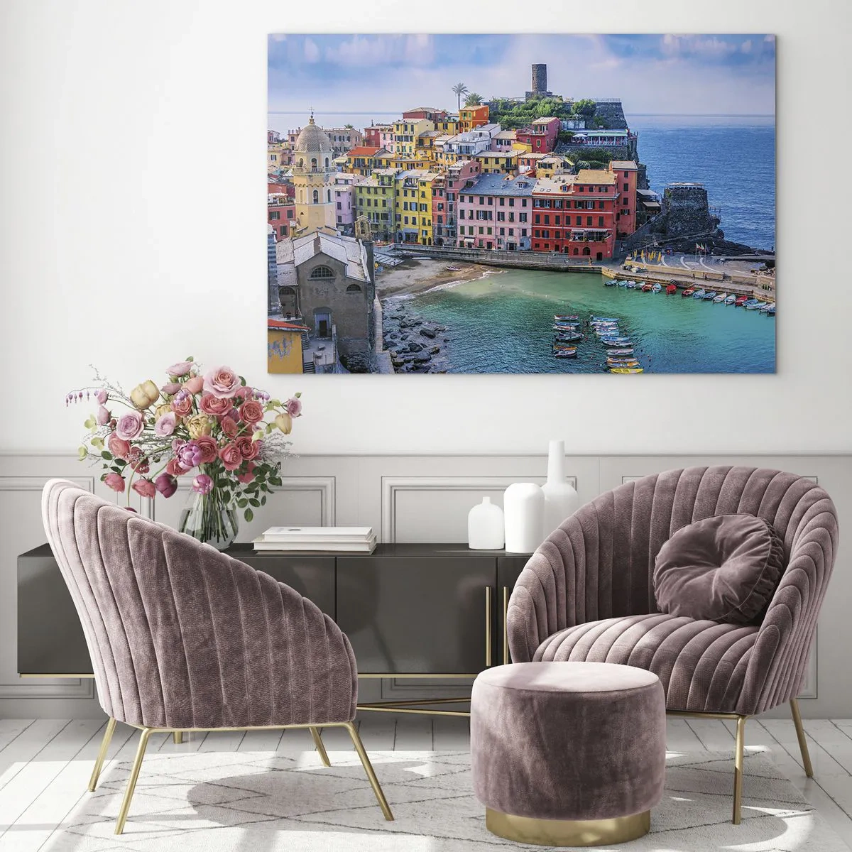 Glastavla - Bild på glas - En färgstark medelhavsstad vid det blå havet - 70x50cm - Magisk stad i Medelhavet - Modern väggdekoration för vardagsrum och sovrum ARTTOR