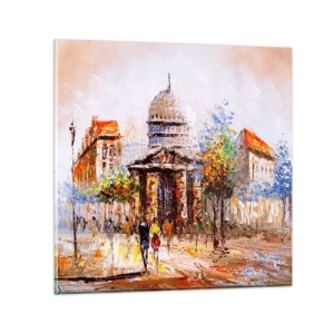 Glastavla - Bild på glas - Promenad i Paris - 60x60 cm