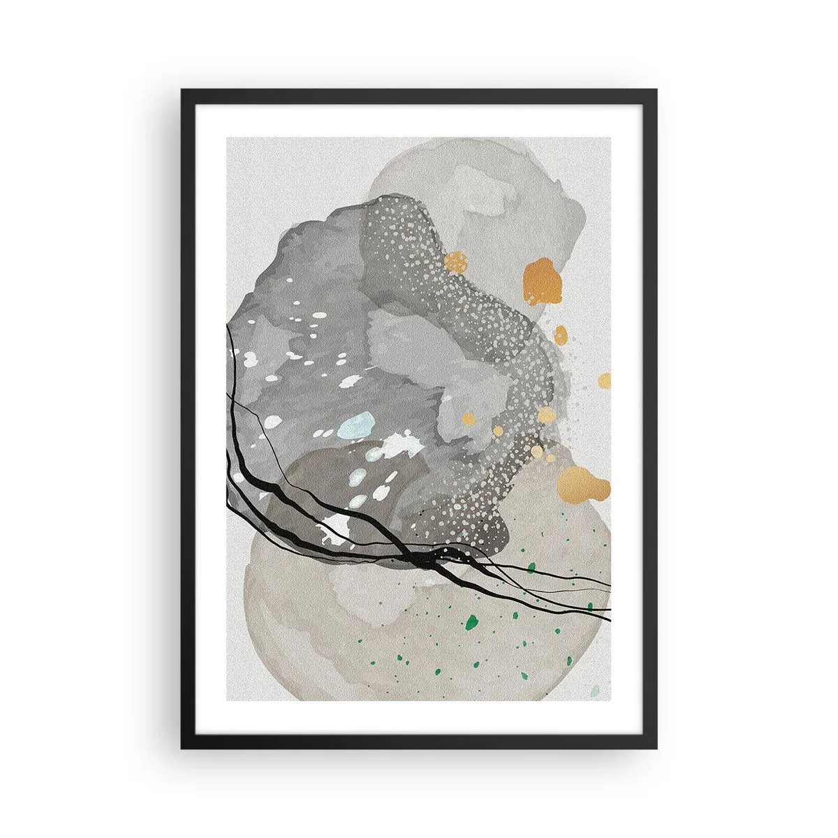 Affisch i svart ram - En komposition av organiska former i nyanser av grått och guld. - 50x70cm - Organisk komposition - Modern väggdekoration för vardagsrum och sovrum ARTTOR