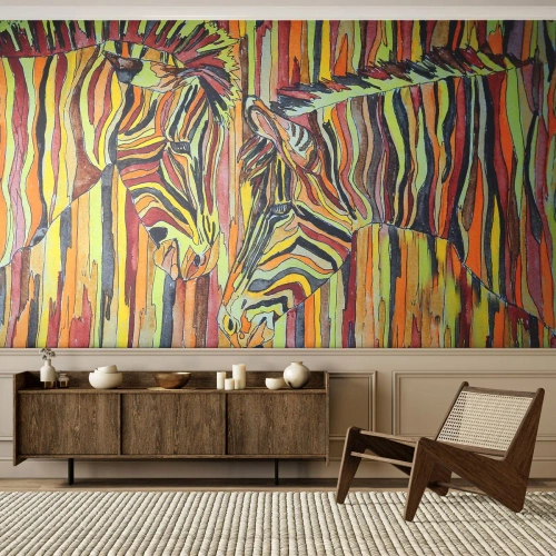 Fototapet Standard Eco - Färgglada zebror i ett konstnärligt tillvägagångssätt - 100x70cm - Så du också... - Modern väggdekoration för vardagsrum och sovrum ARTTOR