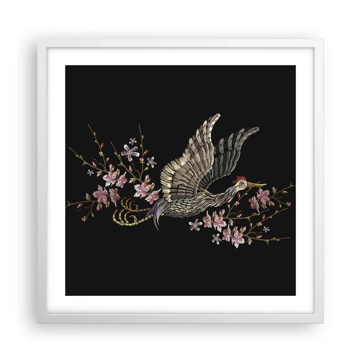 Affisch i vit ram - Exotisk, broderad fågel - 50x50 cm