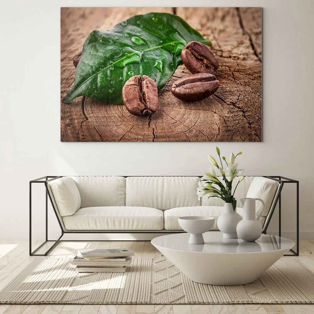 Glastavla - Bild på glas - Kaffebönor på ett blad och träbakgrund - 70x50cm - Äkta och svart - Modern väggdekoration för vardagsrum och sovrum ARTTOR