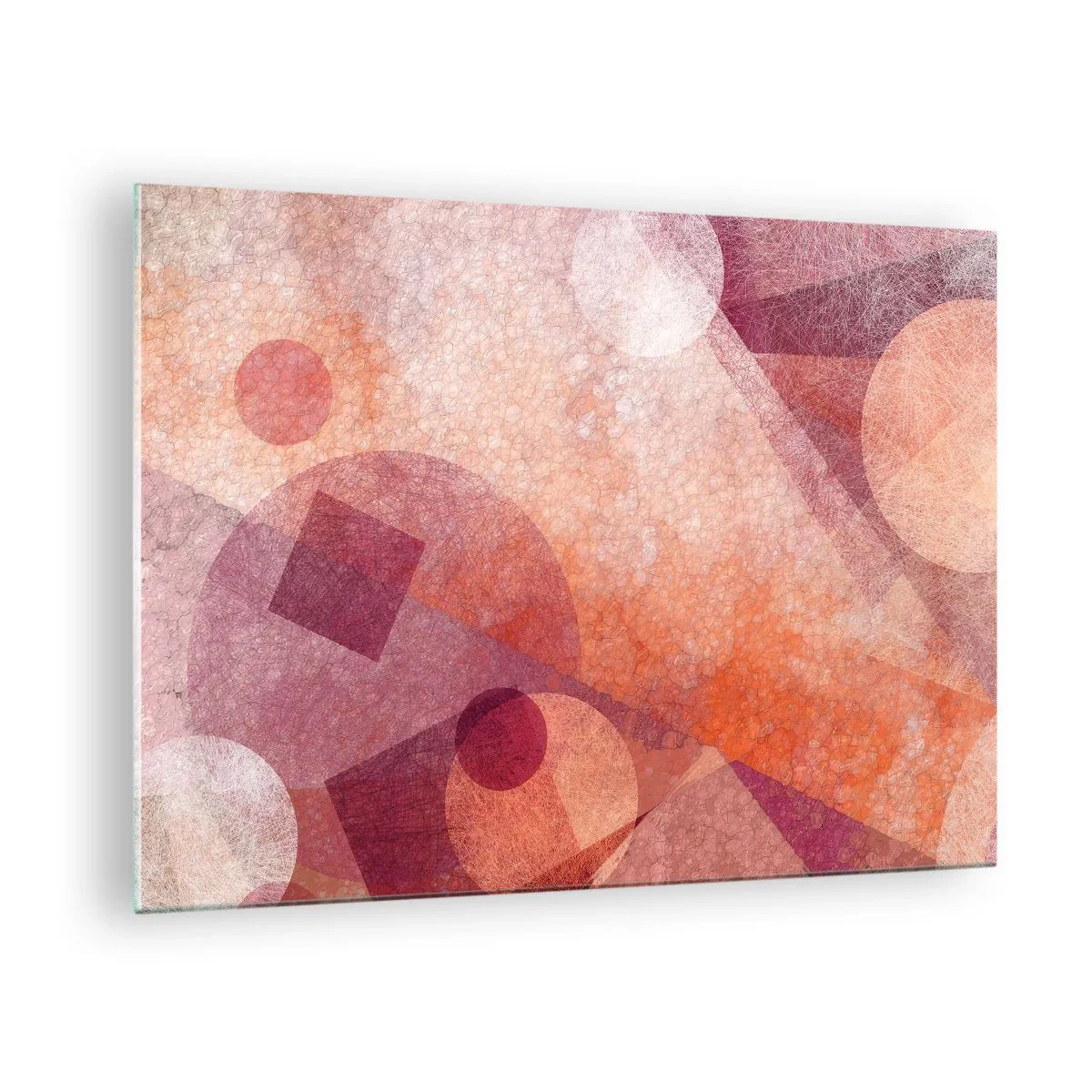 Glastavla - Bild på glas - Abstrakt geometrisk komposition i nyanser av rosa och orange - 70x50cm - Geometriska omvandlingar i rosa - Modern väggdekoration för vardagsrum och sovrum ARTTOR