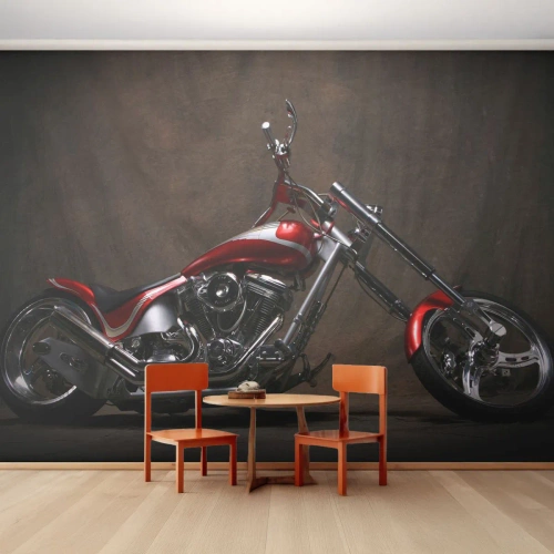 Fototapet Premium Sand - Röd-silver skönhet - Motorcykel, Chopper, Bil - 450x315 cm