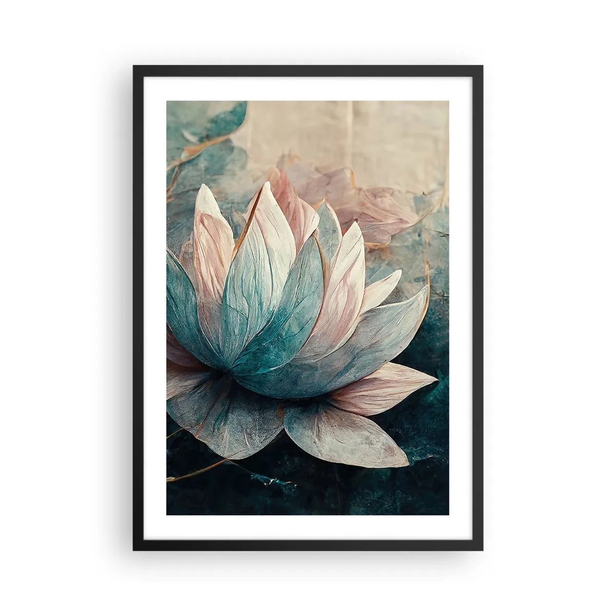 Affisch i svart ram - En delikat lotusblomma med en mystisk aura - 50x70cm - Stjärnor i en sjö - Modern väggdekoration för vardagsrum och sovrum ARTTOR