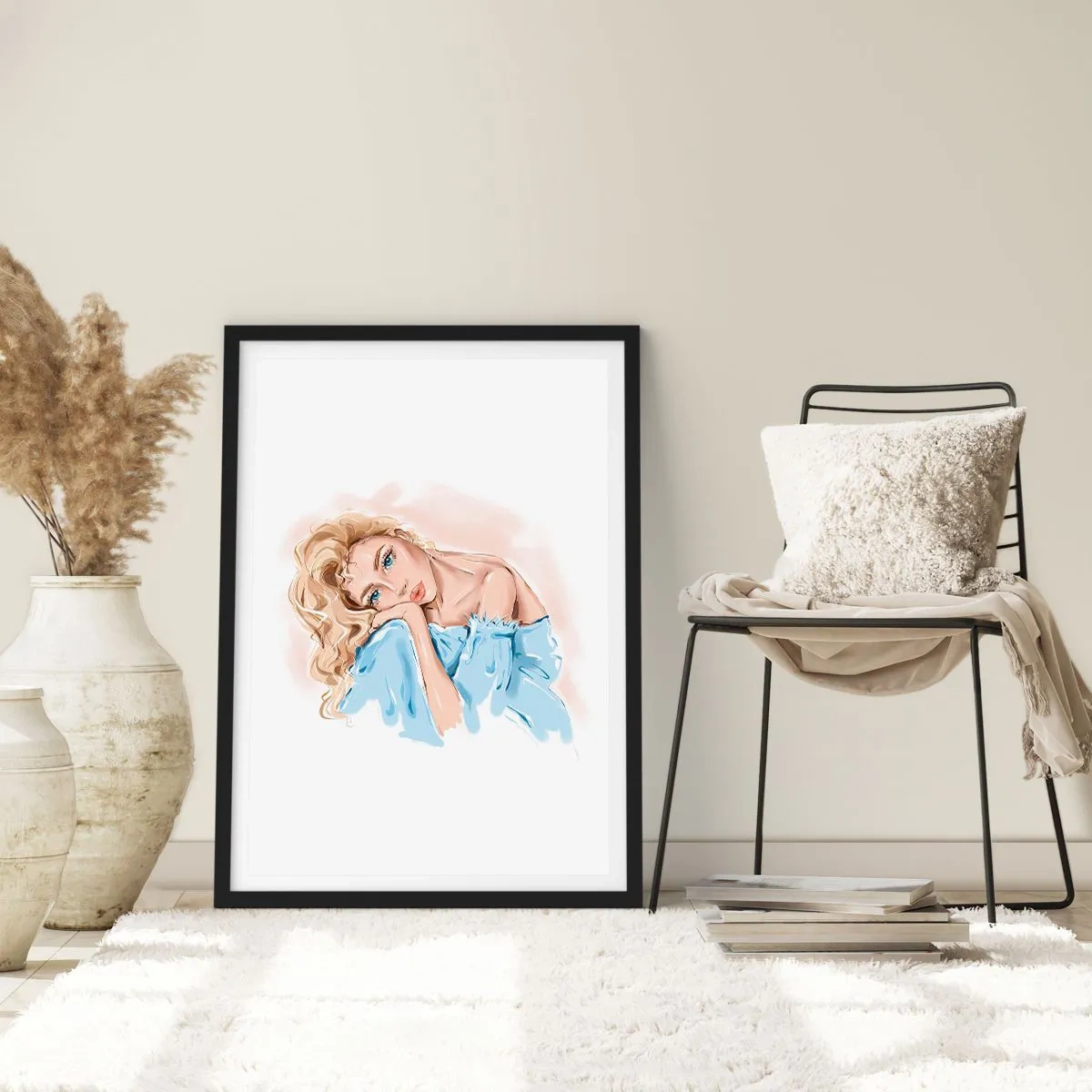 Affisch i svart ram - Ett subtilt porträtt av en kvinna i delikata färger - 50x70cm - Drömmande i blått - Modern väggdekoration för vardagsrum och sovrum ARTTOR
