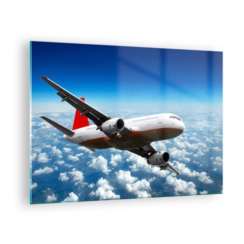 Glastavla - Bild på glas - Ett passagerarplan som flyger över molnen mot en blå himmel - 70x50cm - Lämna allt detta - Modern väggdekoration för vardagsrum och sovrum ARTTOR