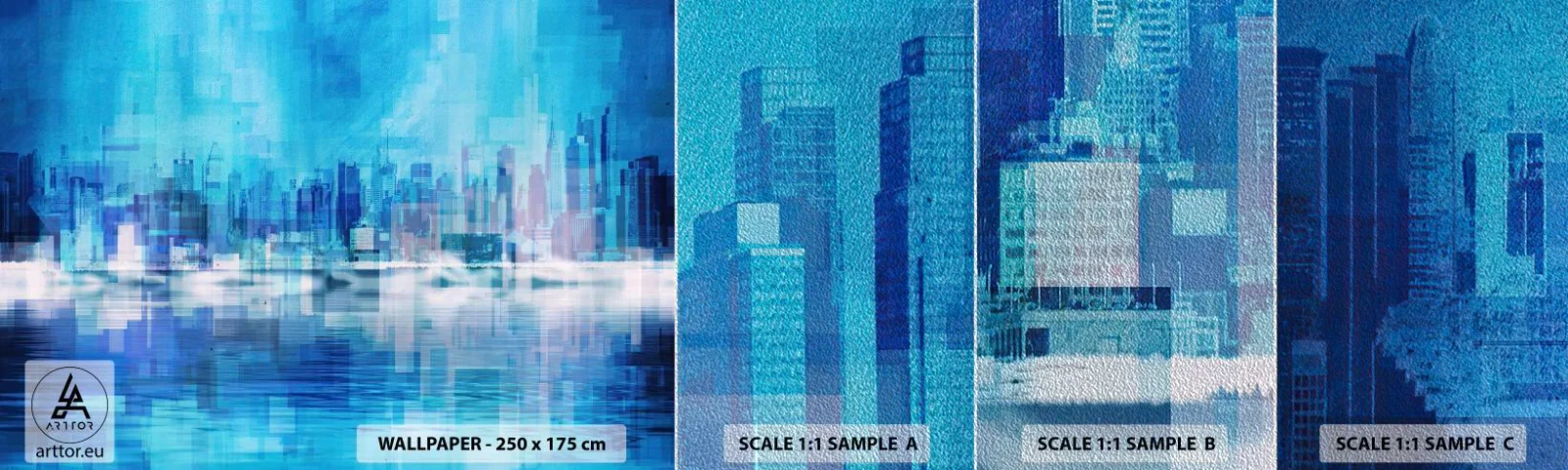 Provbit av fototapet Premium Sand - Försänkta i blått - Abstraktion, Stad, Arkitektur - 100x30 cm