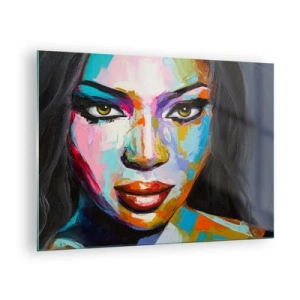 Glastavla - Bild på glas - Ett färgstarkt porträtt av en kvinna i en distinkt stil - 70x50cm - Kan inte ta ögonen från henne - Modern väggdekoration för vardagsrum och sovrum ARTTOR