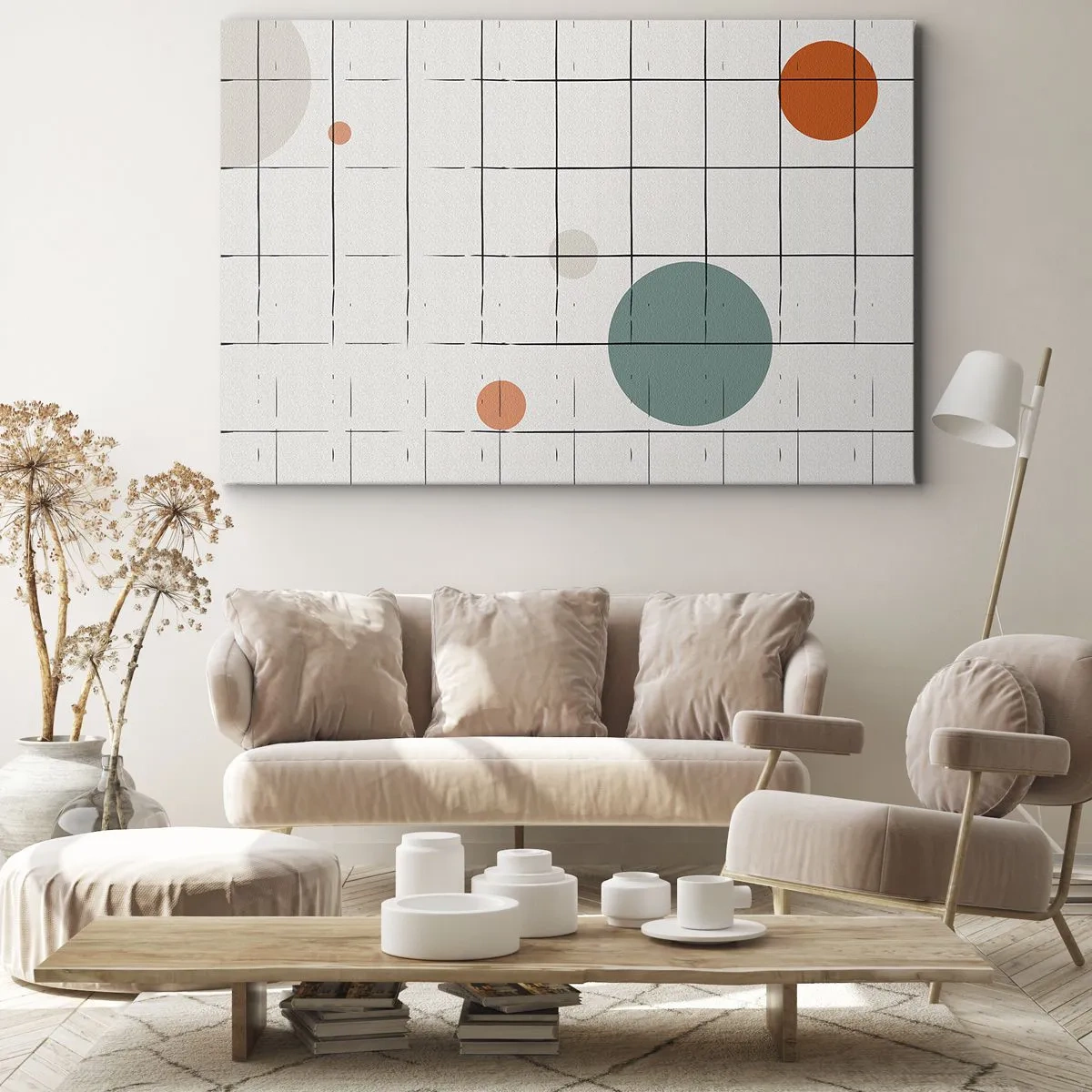 Canvastavla - Bild på duk - Abstrakta färgade cirklar på en geometrisk rutnätsbakgrund - 70x50cm - Fångade. Vi eller de? - Modern väggdekoration för vardagsrum och sovrum ARTTOR