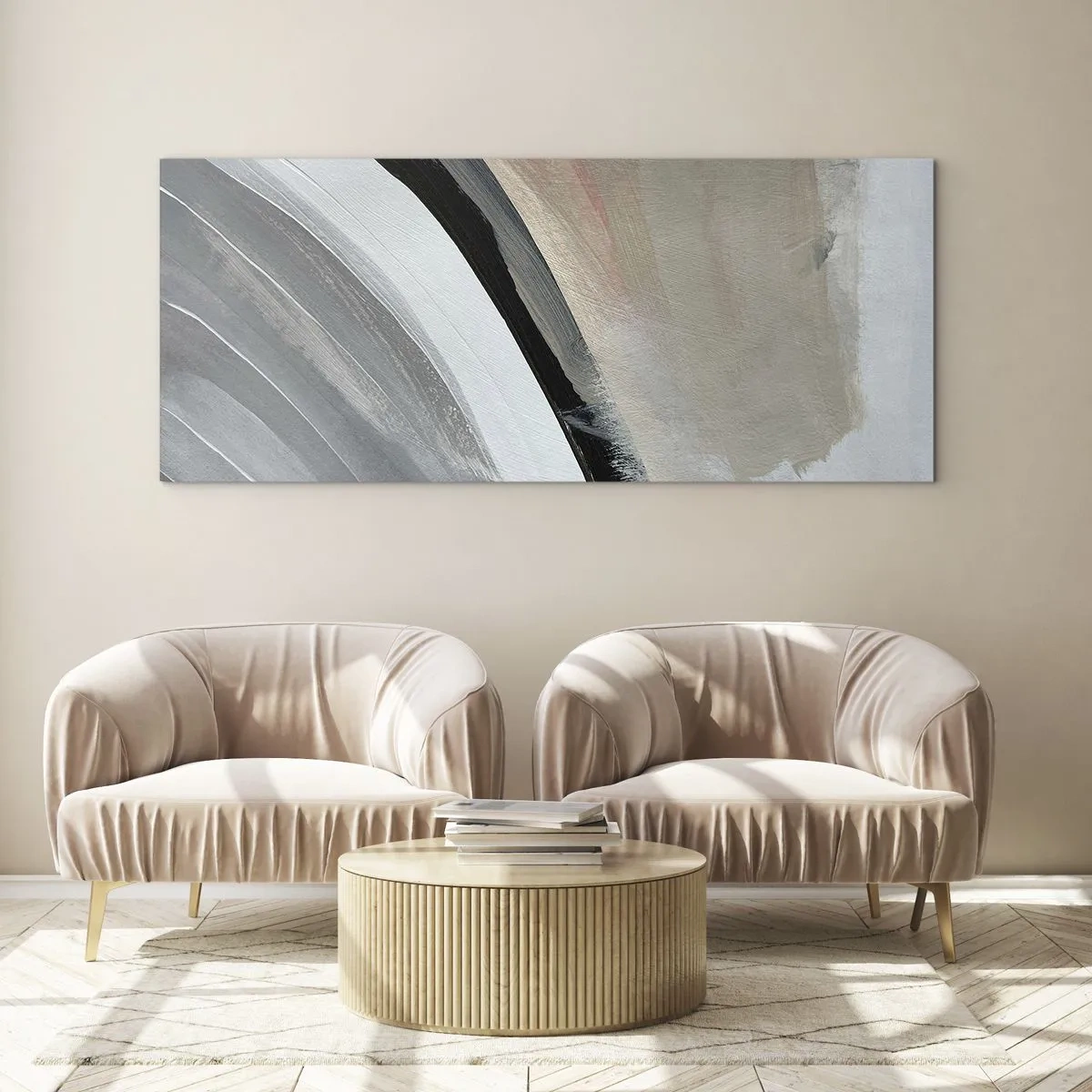 Glastavla - Bild på glas - Komposition: en båge av svart och grått - 100x40 cm