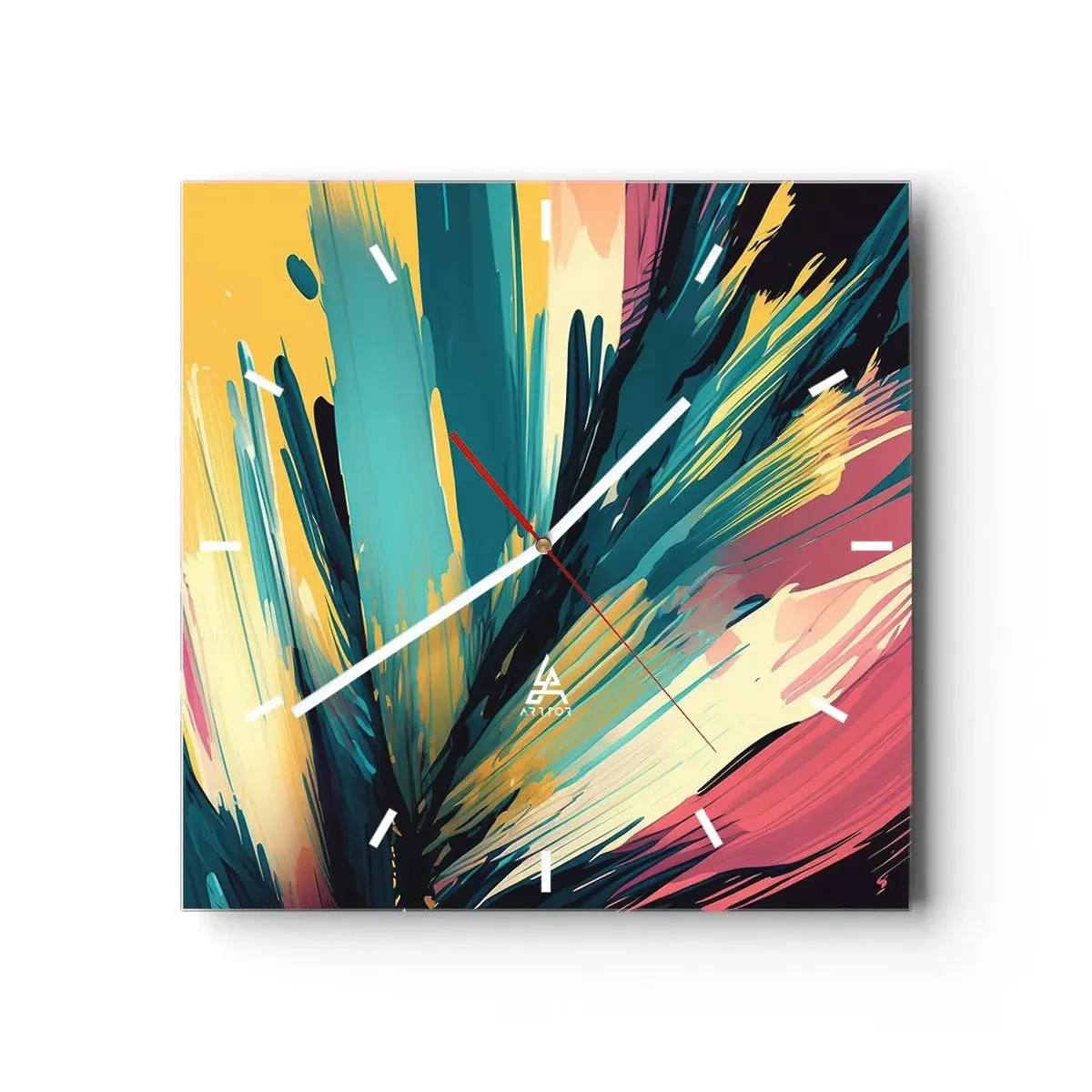 Väggklocka - Klocka på glas - Komposition - en explosion av glädje - 40x40 cm