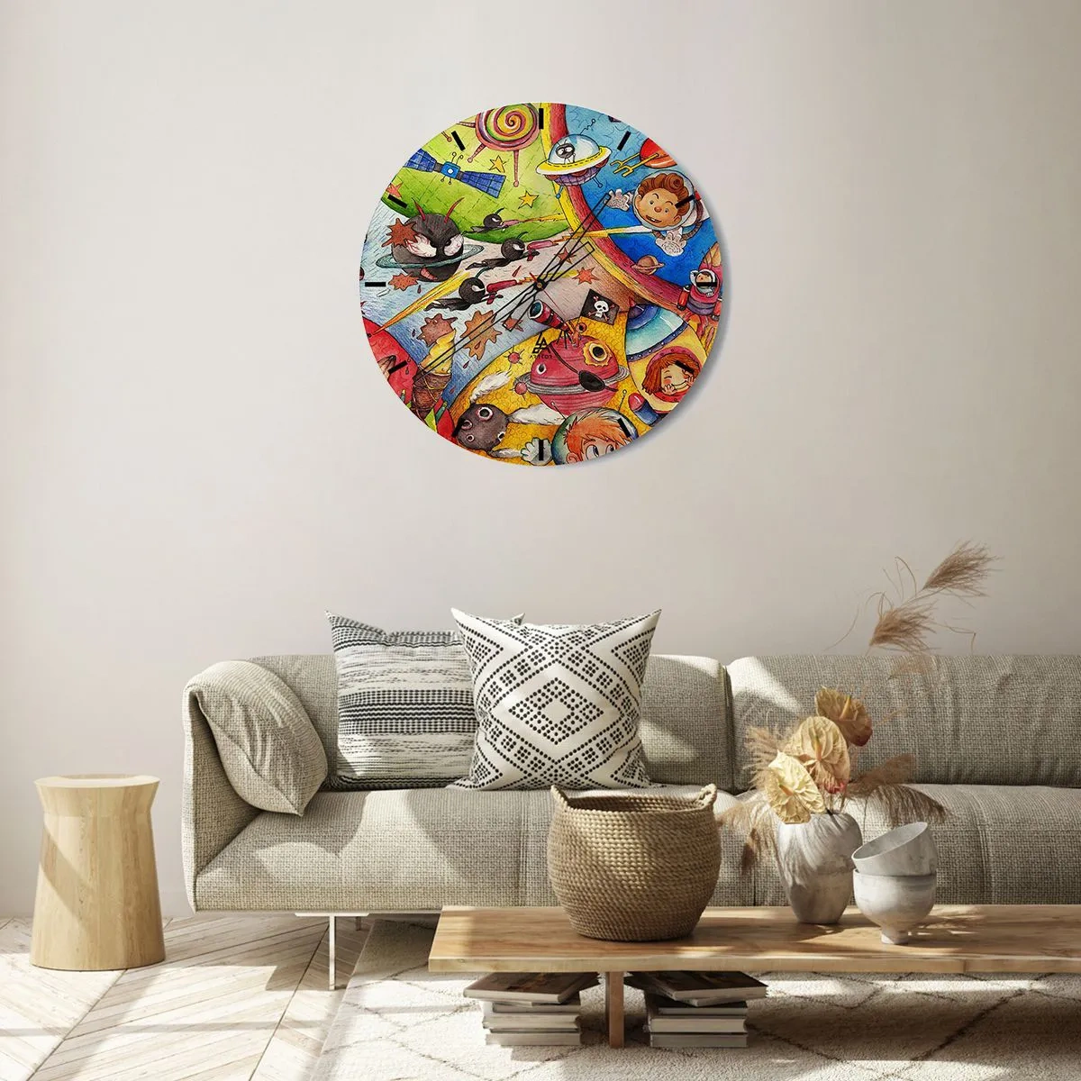 Väggklocka - Klocka på glas - En färgglad illustration av rymdäventyr - 30x30cm - Stora rymdäventyret - Modern väggdekoration för vardagsrum, kök och sovrum ARTTOR