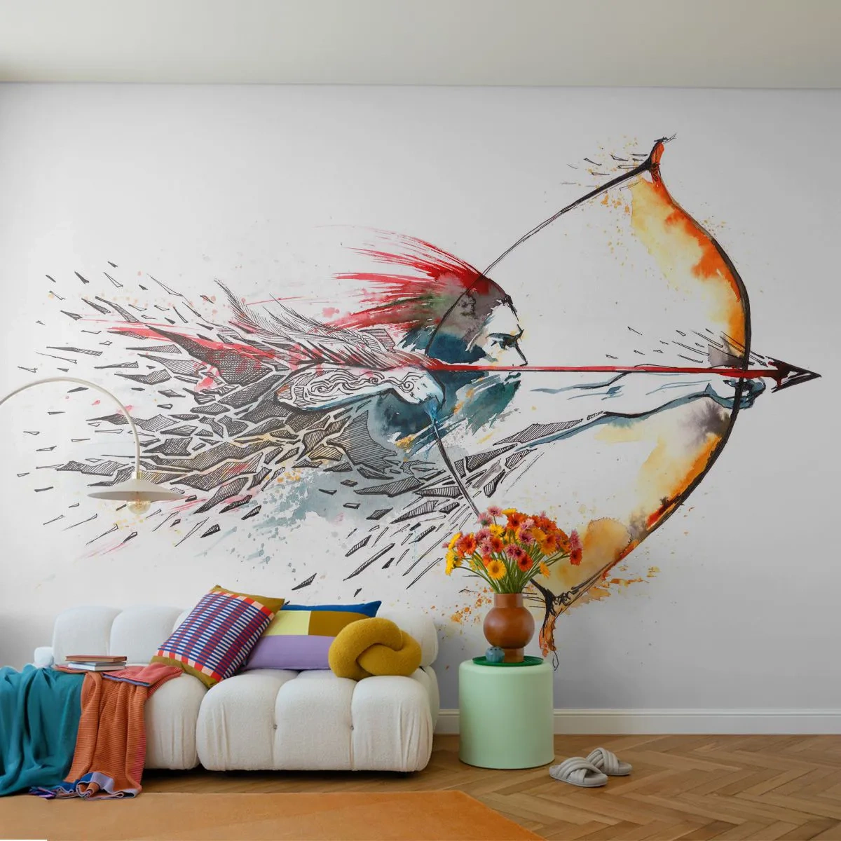 Fototapet Premium Canvas - Mytomspunnen kämpe med brinnande båge - Abstraktion, Beväpnad man, Bågskott - 400x280 cm