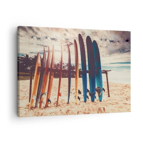 Canvastavla - Bild på duk - Surfbrädor på stranden vid solnedgången - 70x50cm - God natt, vi ses imorgon - Modern väggdekoration för vardagsrum och sovrum ARTTOR
