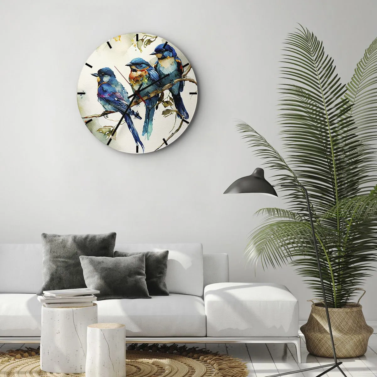 Väggklocka - Klocka på glas - Färgglada fåglar på en gren i akvarell illustrationsstil - 30x30cm - Sur? - Modern väggdekoration för vardagsrum, kök och sovrum ARTTOR
