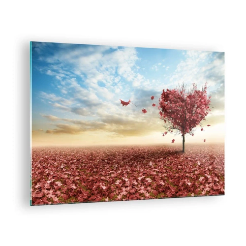 Glastavla - Bild på glas - Ett hjärtformat träd mot ett fält av röda löv - 70x50cm - Älska hösten, du också - Modern väggdekoration för vardagsrum och sovrum ARTTOR
