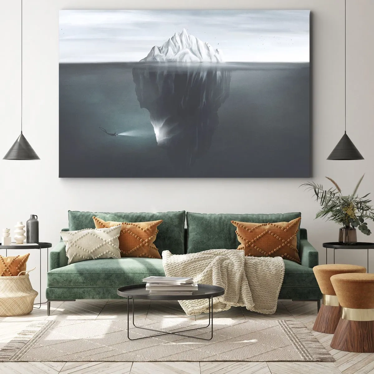 Canvastavla - Bild på duk - Ett isberg i vattnet med en dykare och en strålkastare under ytan. - 70x50cm - Undervattensmysterium - Modern väggdekoration för vardagsrum och sovrum ARTTOR