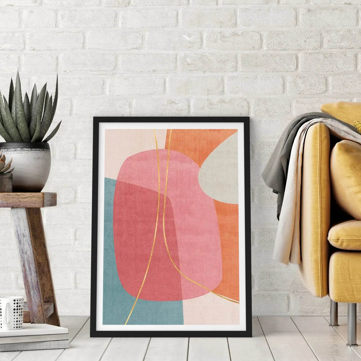 Affisch i svart ram - Färgglad abstraktion med geometriska former och gyllene linjer - 50x70cm - Pastellkomposition med guldtråd - Modern väggdekoration för vardagsrum och sovrum ARTTOR