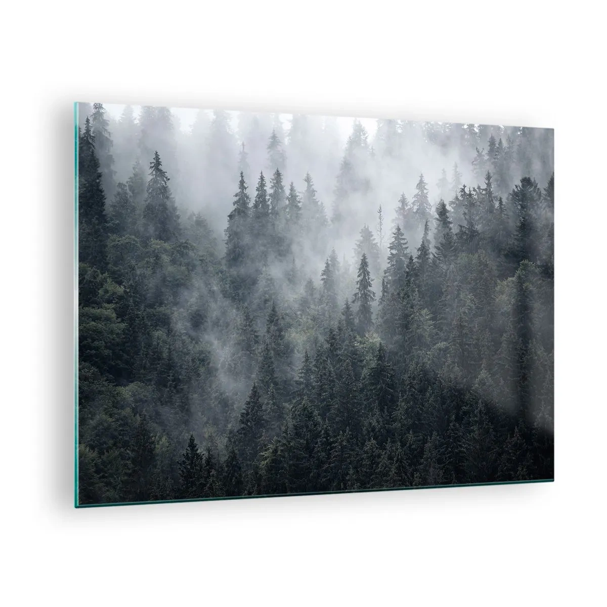 Glastavla - Bild på glas - Dimma som hänger över den täta barrskogen på morgonen - 70x50cm - Gryning i skogen - Modern väggdekoration för vardagsrum och sovrum ARTTOR