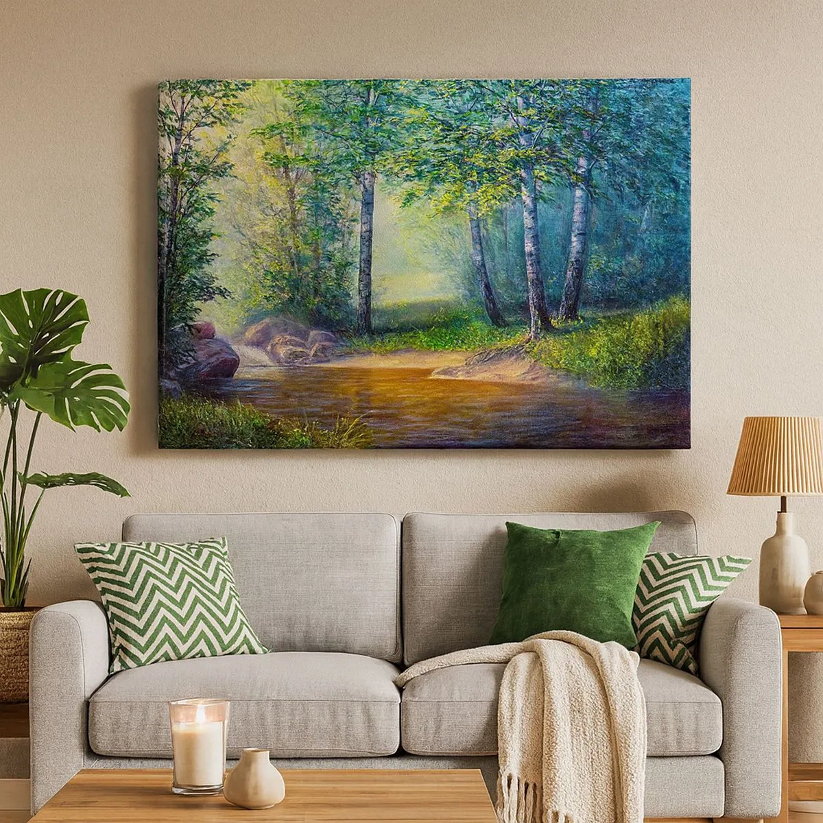 Canvastavla - Bild på duk - En skogsbäck omgiven av björkar och solsken - 70x50cm - Idyllisk vy - Modern väggdekoration för vardagsrum och sovrum ARTTOR