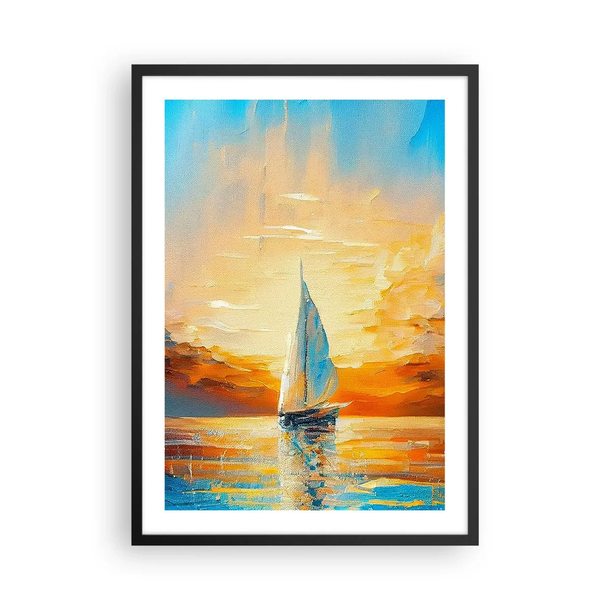 Affisch i svart ram - En segelbåt mot bakgrund av en gyllene solnedgång - 50x70cm - Segla i gult - Modern väggdekoration för vardagsrum och sovrum ARTTOR