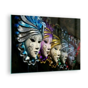 Glastavla - Bild på glas - Färgglada venetianska masker i rad - 70x50cm - Hemlighet i guld och i silver - Modern väggdekoration för vardagsrum och sovrum ARTTOR