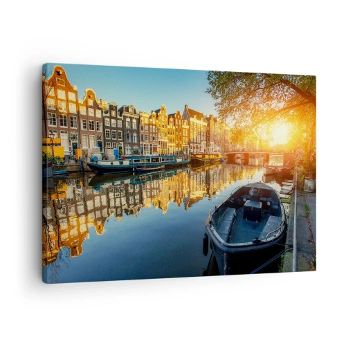 Canvastavla - Bild på duk - Amsterdamkanalen vid solnedgången - 70x50cm - En morgon i Amsterdam - Modern väggdekoration för vardagsrum och sovrum ARTTOR