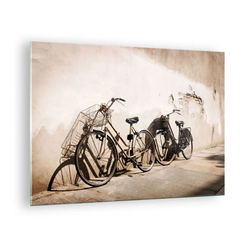 Glastavla - Bild på glas - Retrocyklar lutade mot en gammal vägg - 70x50cm - Oförglömlig charm av det förflutna - Modern väggdekoration för vardagsrum och sovrum ARTTOR