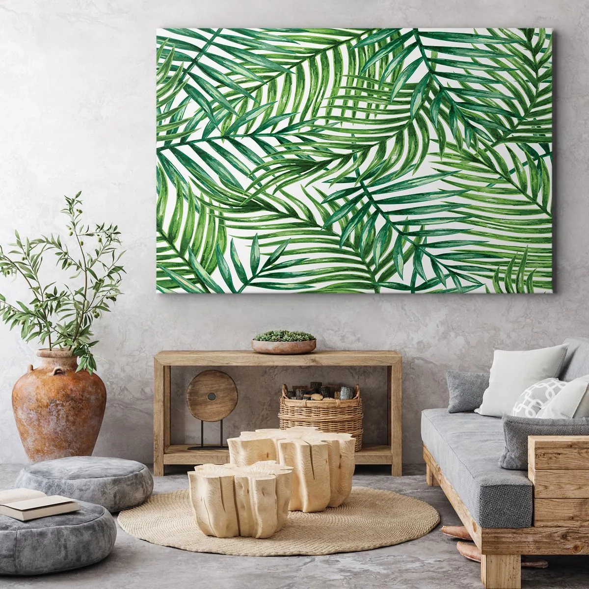 Canvastavla - Bild på duk - Gröna tropiska palmblad på en ljus bakgrund - 70x50cm - Under gröna baldakinen - Modern väggdekoration för vardagsrum och sovrum ARTTOR