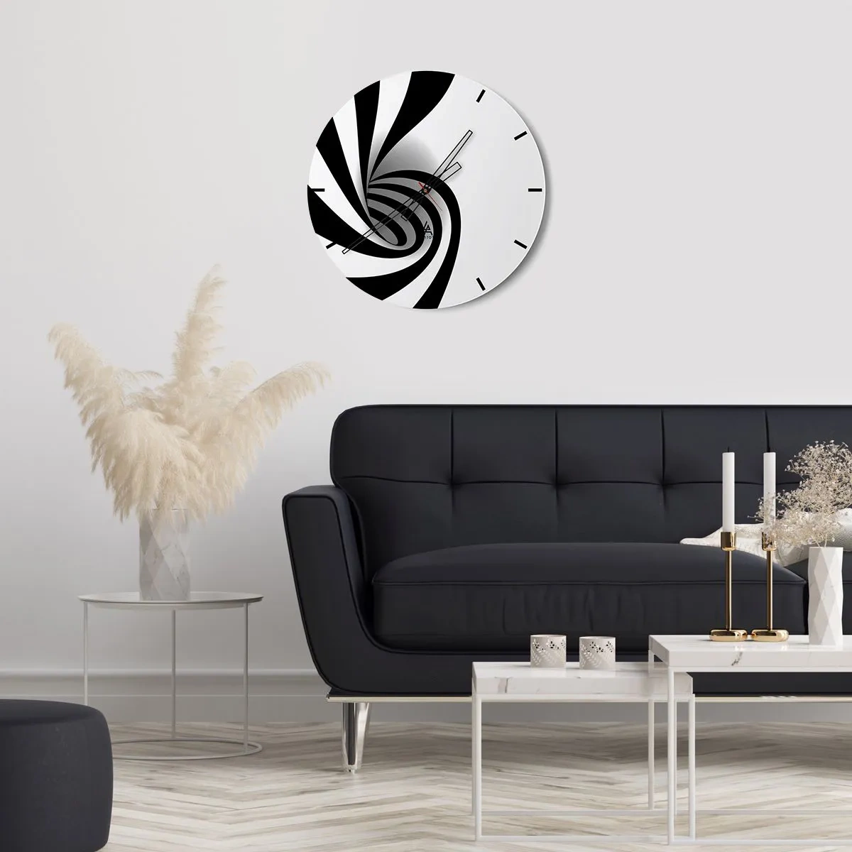 Väggklocka - Klocka på glas - Svartvit virvel i minimalistisk stil - 30x30cm - Roterande svart-vit - Modern väggdekoration för vardagsrum, kök och sovrum ARTTOR