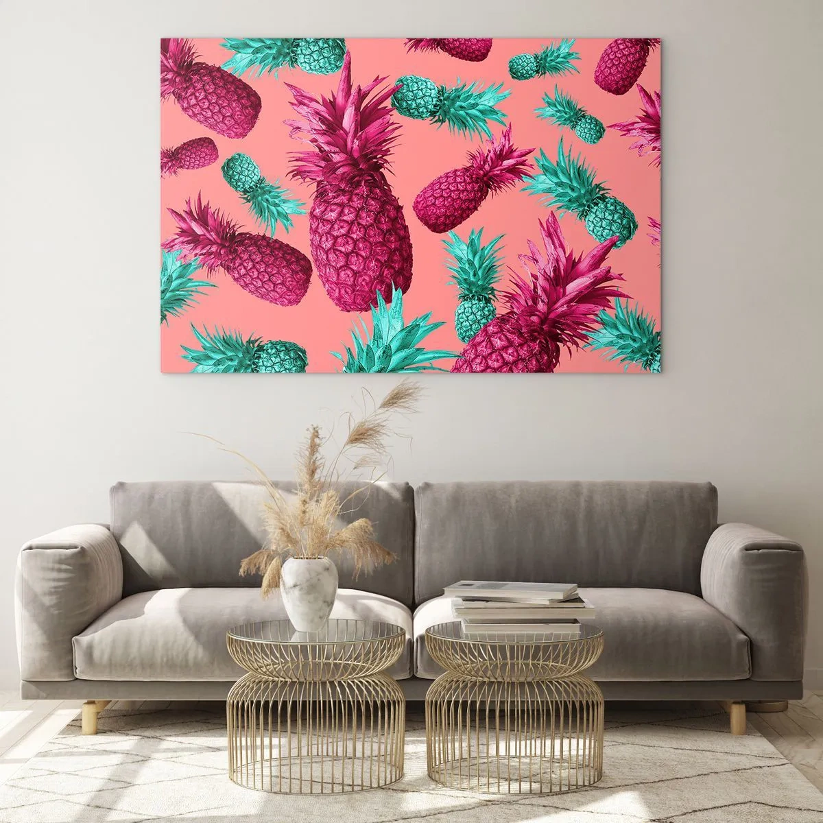 Glastavla - Bild på glas - Färgglada ananaser i nyanser av rosa och grönt på en rosa bakgrund - 70x50cm - Friheten är söt - Modern väggdekoration för vardagsrum och sovrum ARTTOR