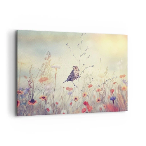 Canvastavla - Bild på duk - Fågelporträtt med en äng i bakgrunden - 100x70 cm